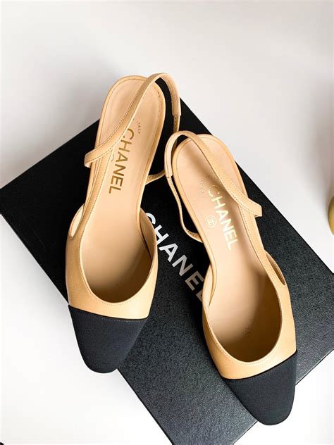 chanel shoes beige and black|Chanel black slingback shoe.